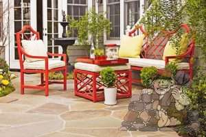 flagstone patio-red furniture